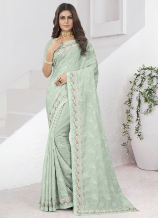 Trendy Saree Embroidered Silk in Sea Green