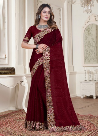 Trendy Saree Resham Satin Silk in Maroon