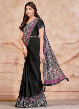 Trendy Satin Silk Black Embroidered Classic Saree