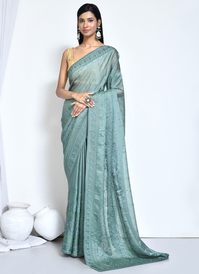 Turquoise Embroidered Classic Saree