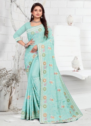 Turquoise Embroidered Trendy Saree