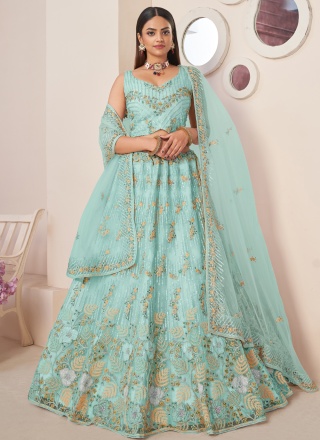 Turquoise Mehndi Net Lehenga Choli