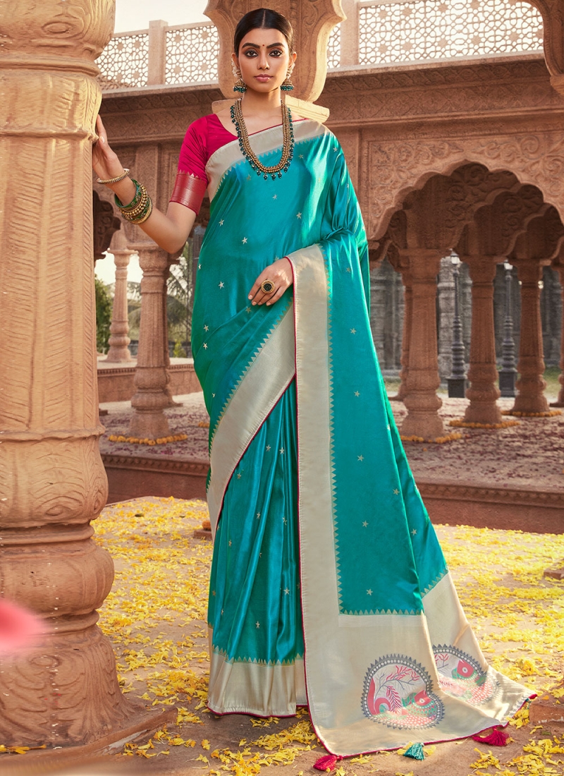 Turquoise Satin Silk Festival Contemporary Style Saree