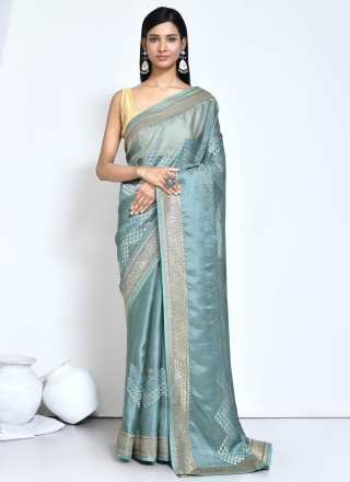 Turquoise Satin Silk Woven Contemporary Style Saree