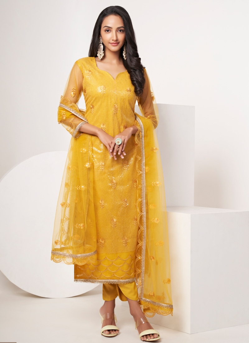 Unique Embroidered Net Mustard Pant Style Suit