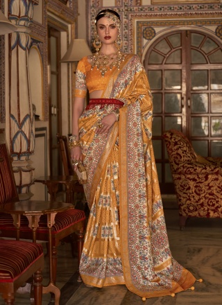 Unique Silk Orange Digital Print Trendy Saree