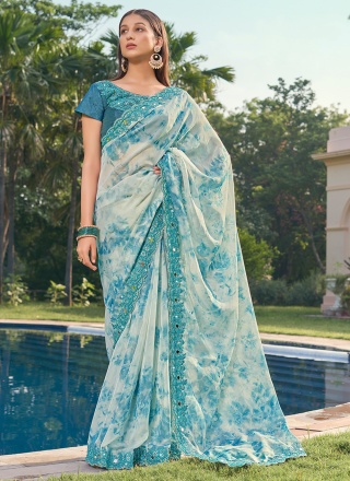 Urbane Organza Aqua Blue Digital Print Contemporary Saree