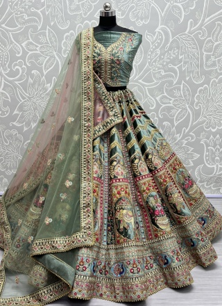 Velvet Designer Lehenga Choli in Green