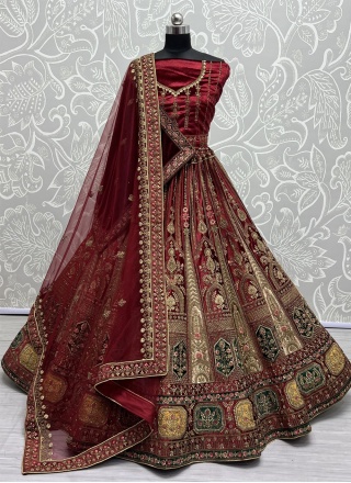 Velvet Designer Lehenga Choli in Maroon