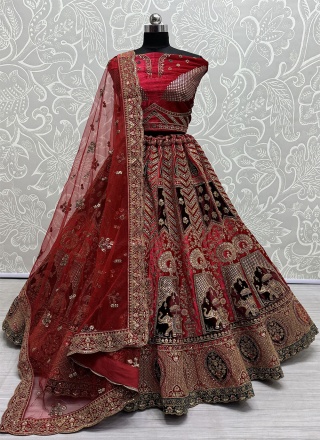 Velvet Designer Lehenga Choli in Red