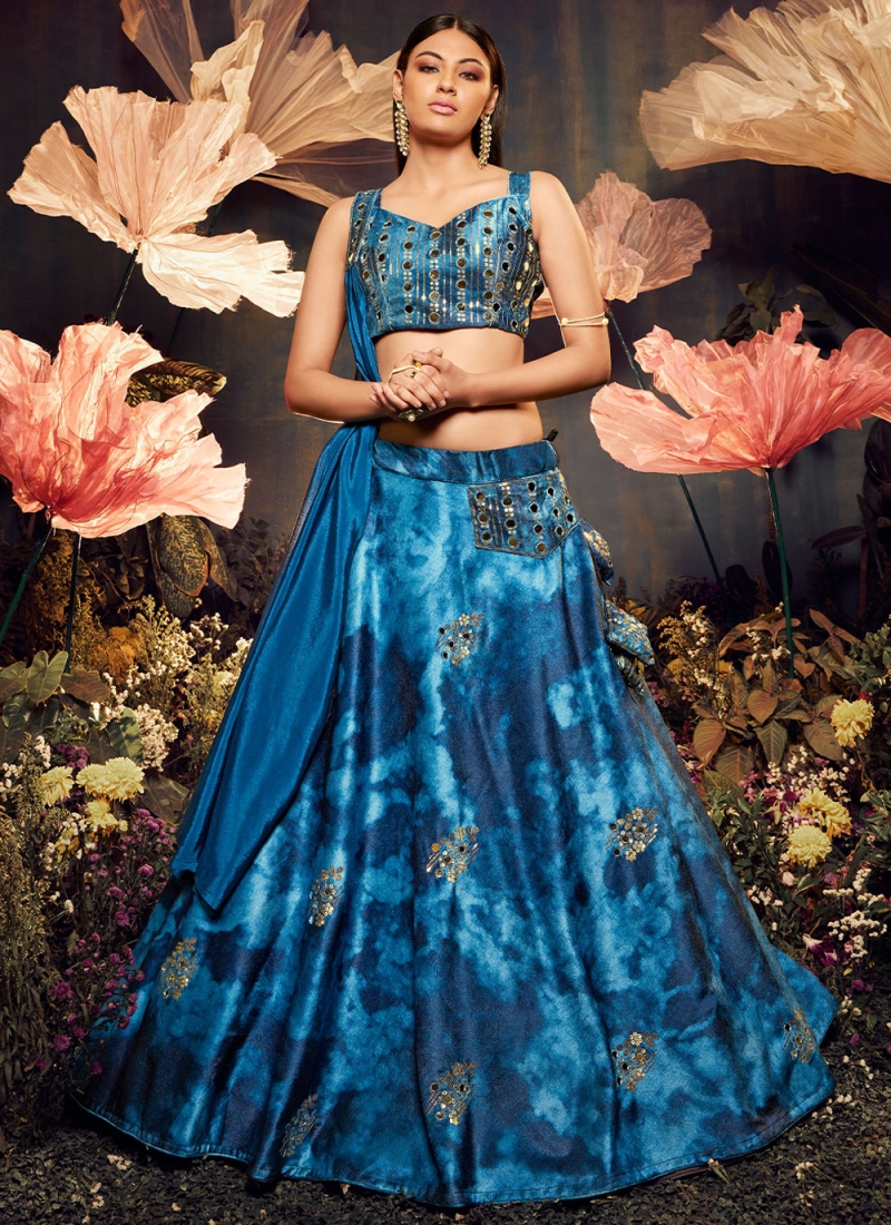 Velvet Embroidered Blue Trendy Lehenga Choli