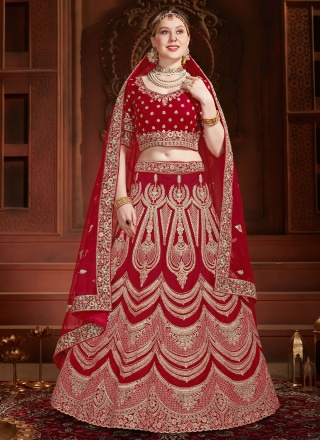 Velvet Embroidered Designer Lehenga Choli in Red