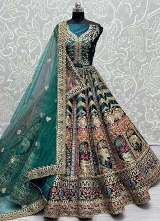 Velvet Lehenga Choli in Teal