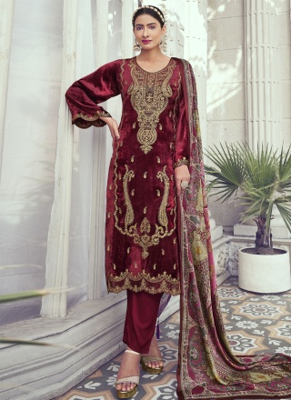 Velvet Pant Style Suit in Maroon