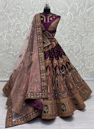 Velvet Purple Thread Work A Line Lehenga Choli