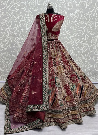 Velvet Zari A Line Lehenga Choli in Maroon