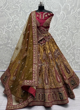 Velvet Zari Mustard A Line Lehenga Choli