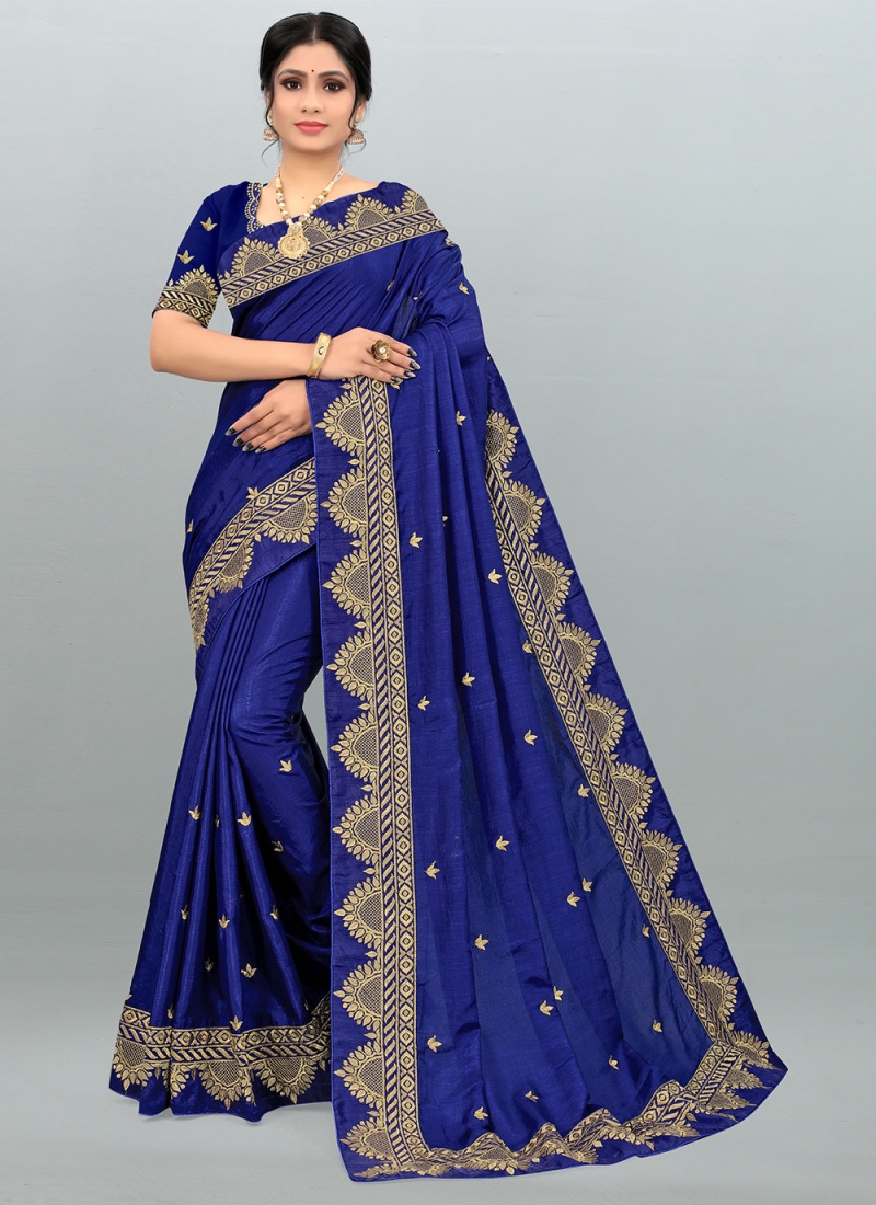 Vichitra Silk Embroidered Trendy Saree in Blue