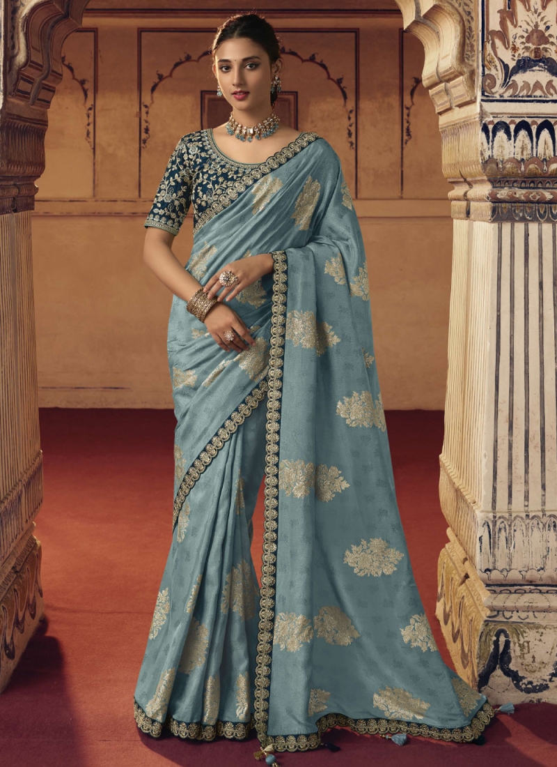 Viscose Turquoise Embroidered Classic Saree