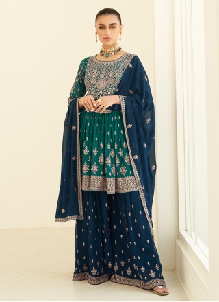 Vivacious Georgette Teal Trendy Designer Salwar Kameez