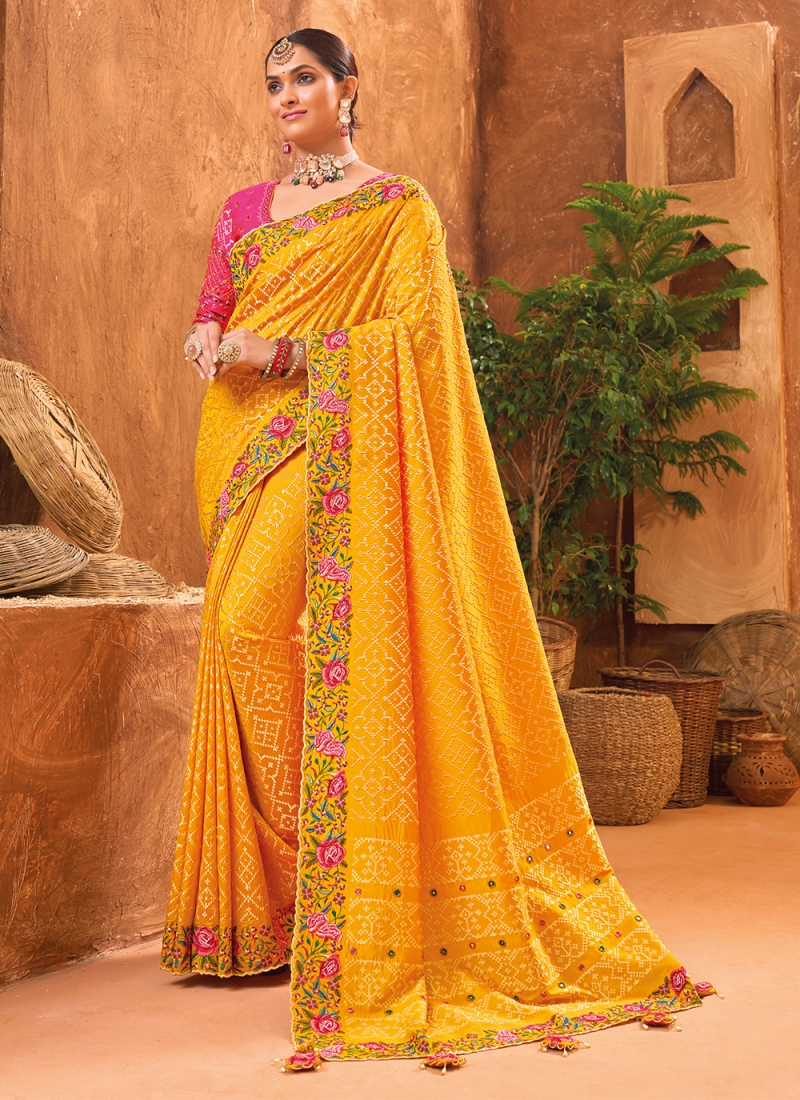 Vivacious Yellow Handwork Banarasi Silk Trendy Saree
