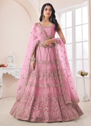 Voluptuous Net Pink Embroidered Lehenga Choli