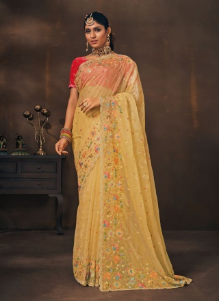 Whimsical Yellow Embroidered Trendy Saree