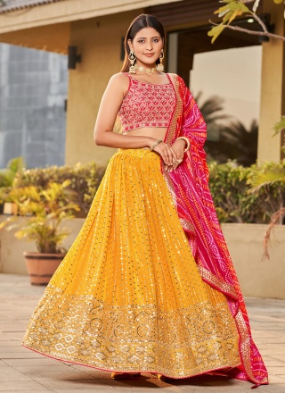 Whimsical Yellow Georgette A Line Lehenga Choli