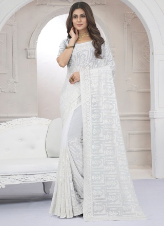 White Georgette Embroidered Contemporary Saree