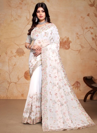 White Georgette Embroidered Contemporary Saree