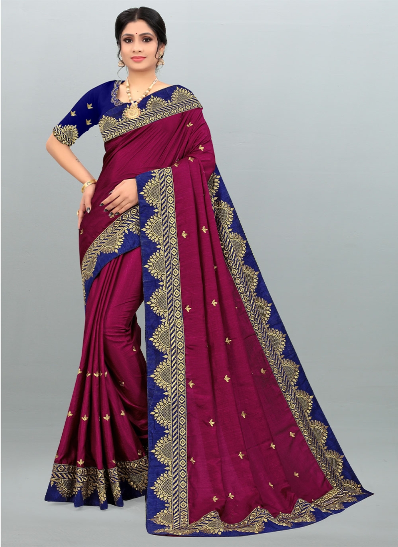 Wine Embroidered Classic Saree