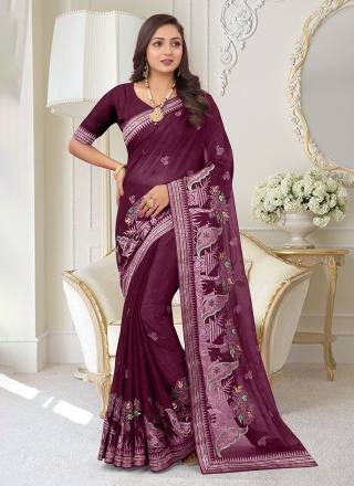 Wine Embroidered Contemporary Saree