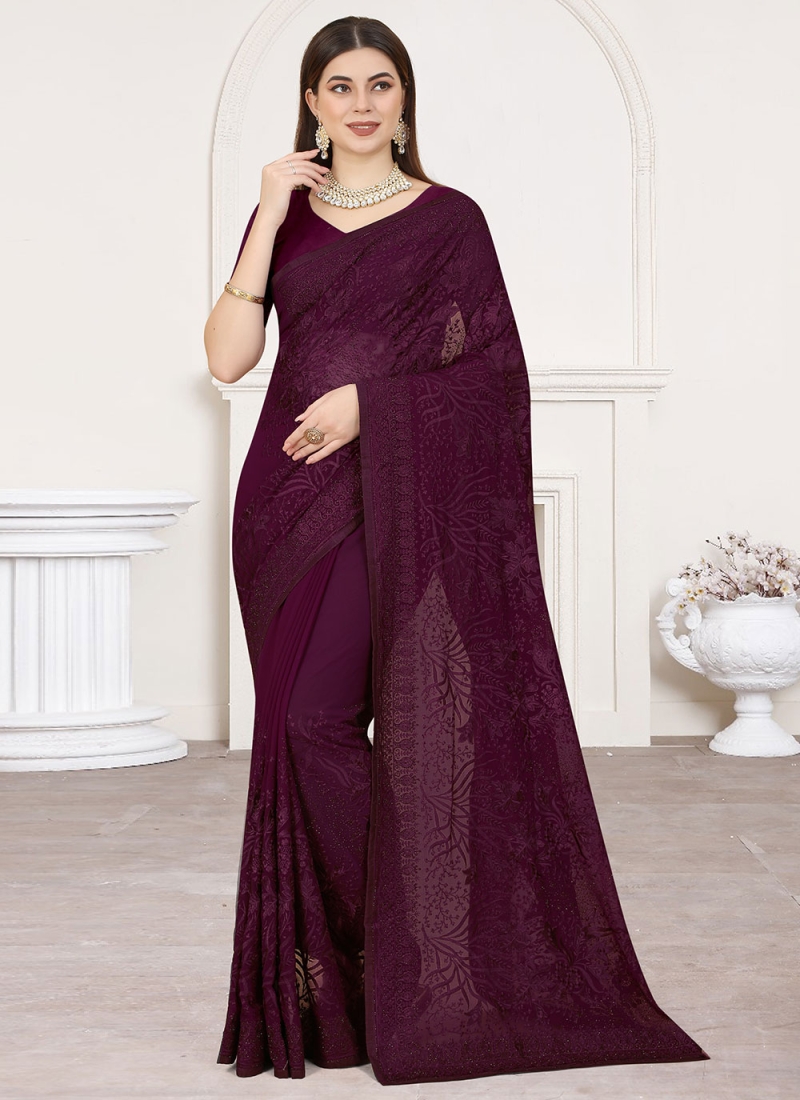 Wine Georgette Embroidered Classic Saree