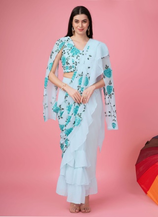 Winsome Blue Embroidered Georgette Classic Saree