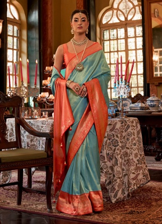 Winsome Weaving Aqua Blue Classic Saree