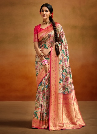 Wonderous Banarasi Silk Peach Printed Traditional Saree