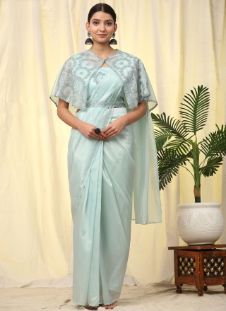 Wonderous Imported Aqua Blue Embroidered Contemporary Style Saree