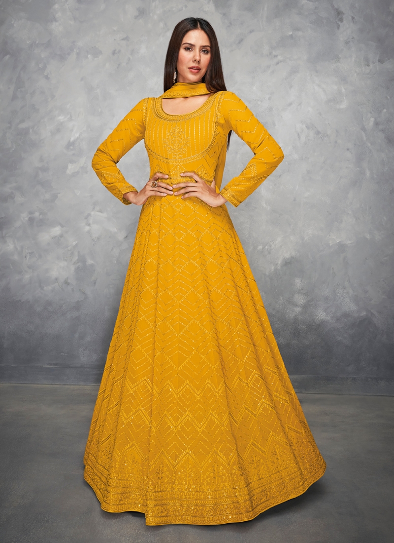 Yellow Ceremonial Faux Georgette Floor Length Designer Salwar Suit