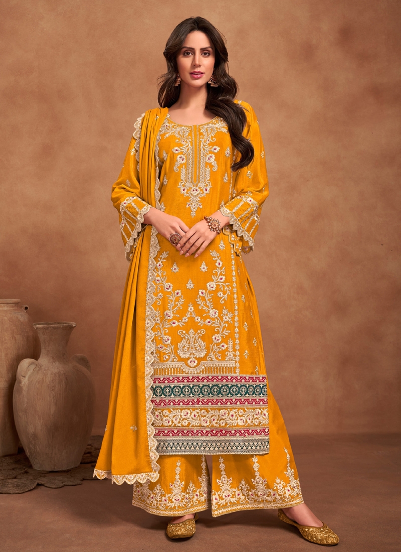 Yellow Chinon Embroidered Trendy Salwar Suit