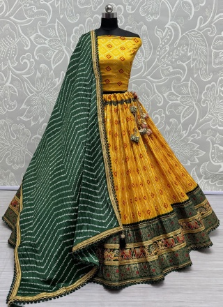 Yellow Embroidered Cotton A Line Lehenga Choli