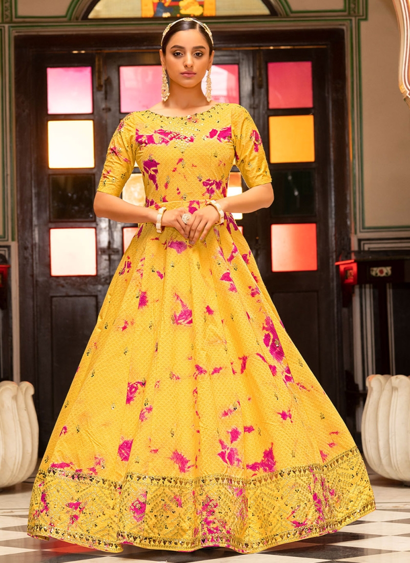 Yellow Embroidered Cotton Designer Gown