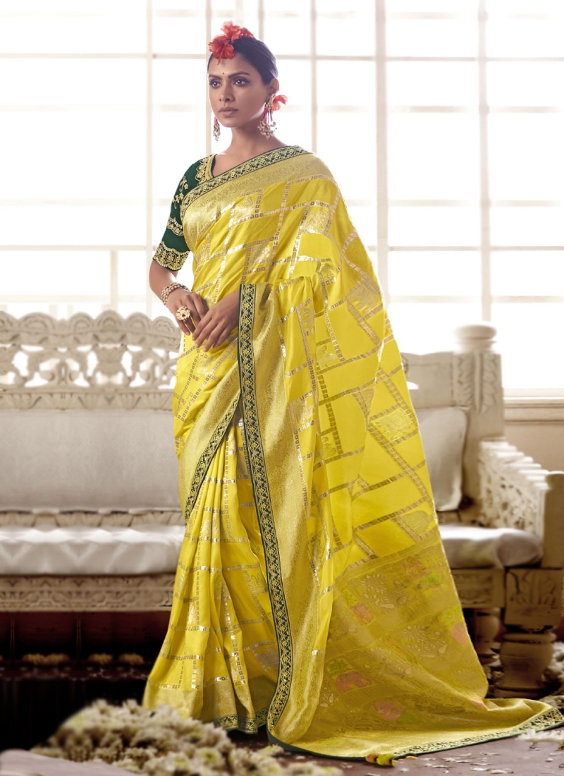 Yellow Embroidered Silk Contemporary Saree