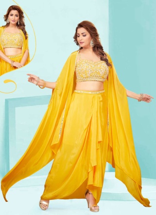 Yellow Engagement Satin Silk Lehenga Choli