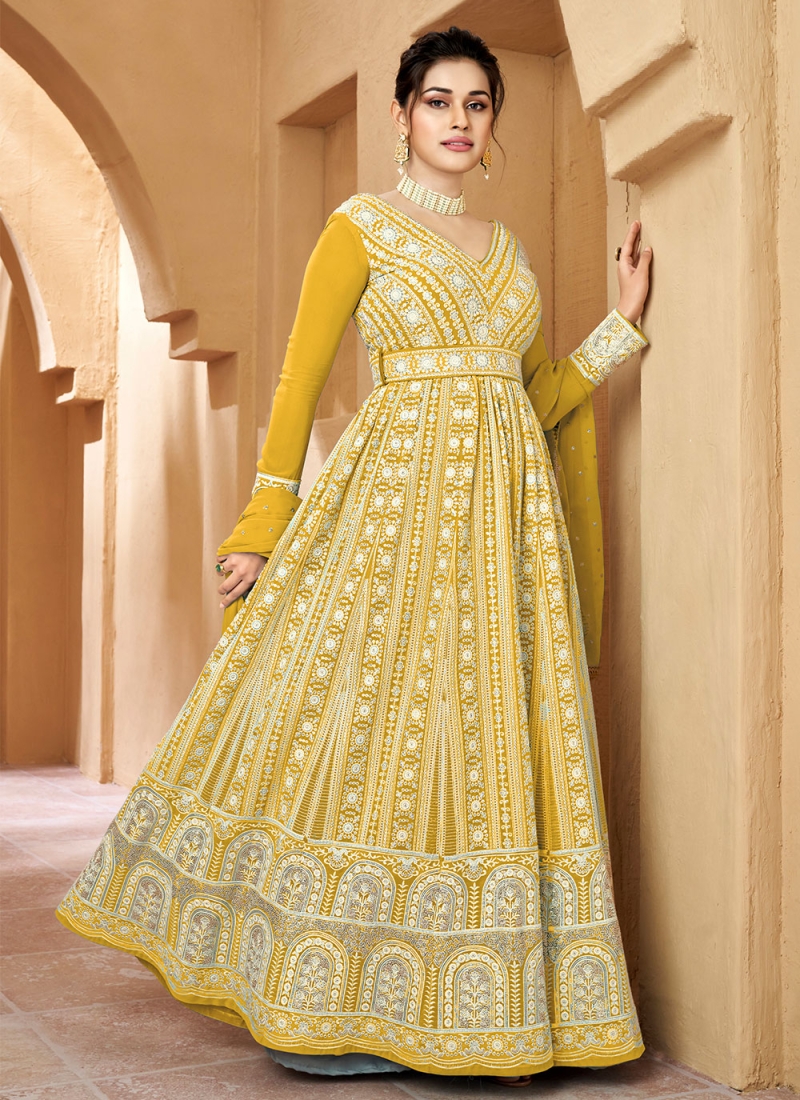 Hand Embroidered Chinon Chiffon Flared Gown in Yellow : TKR93