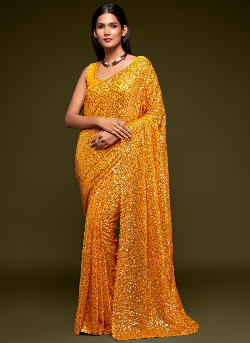 Yellow Sequins Trendy Saree