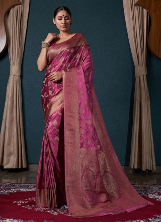 Zari Satin Silk Contemporary Saree in Rani